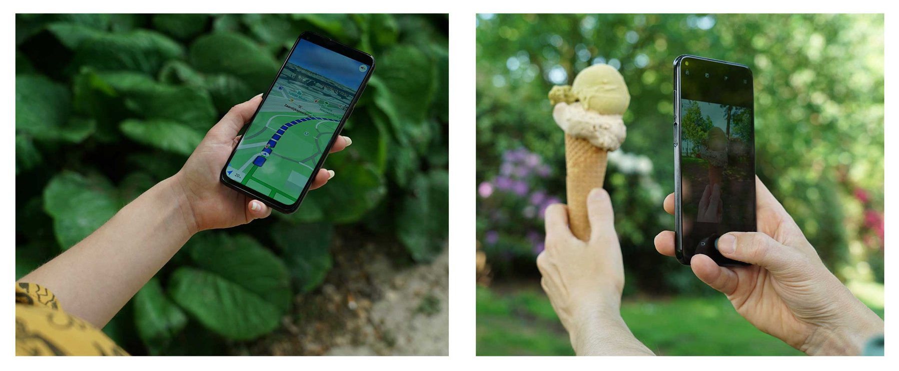Eine Hand hält ein Telefon mit einer Karten-App, während eine andere Hand eine Eistüte und ein Telefon hält und ein Foto macht. Beide sind draußen mit viel Grün im Hintergrund.