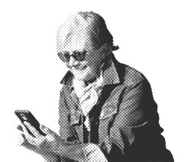 Person mit Sonnenbrille und Schal lächelt und schaut auf ein Smartphone.