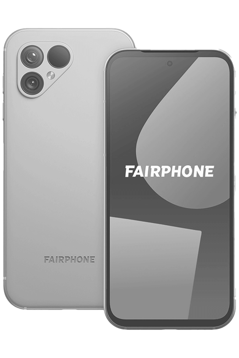Vorder- und Rückansicht eines Fairphone, die die Dual-Kamera-Einrichtung und das Logo auf der Rückseite und dem Bildschirm zeigt.