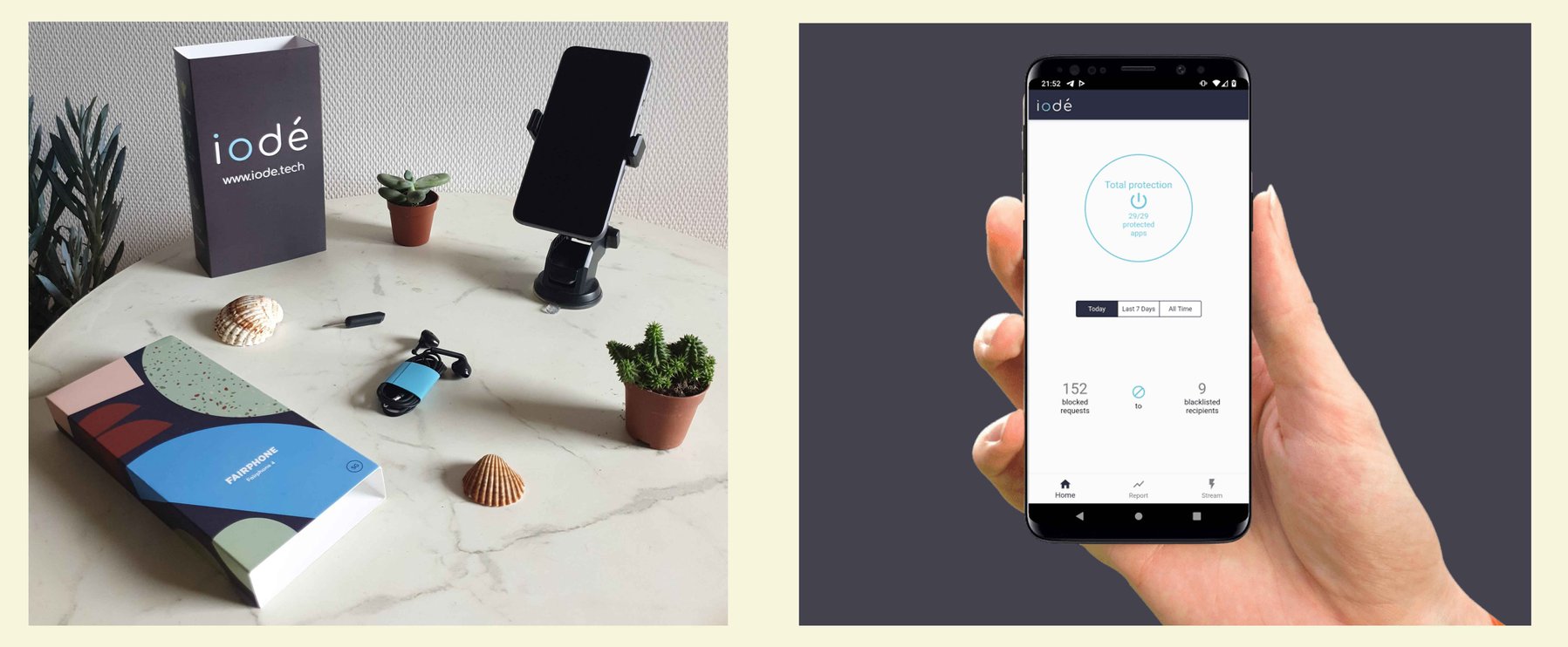 Telefon mit einer angezeigten App zum Thema Datenschutz; daneben liegen eine Schachtel, ein Smartphone-Ständer, kleine Pflanzen, ein Schlüssel und Muscheln auf einem Tisch.