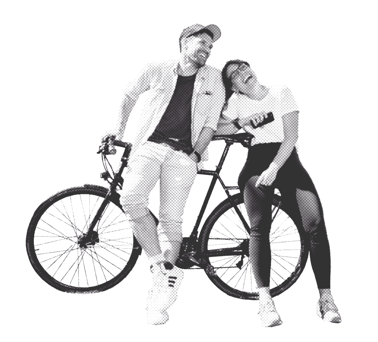 Zwei lachende Personen lehnen sich gemeinsam an ein Fahrrad. Die linke Person trägt eine Kappe, Hemd und Sneakers, die rechte Person trägt eine Brille, ein T-Shirt und Leggings. Beide wirken entspannt und fröhlich.