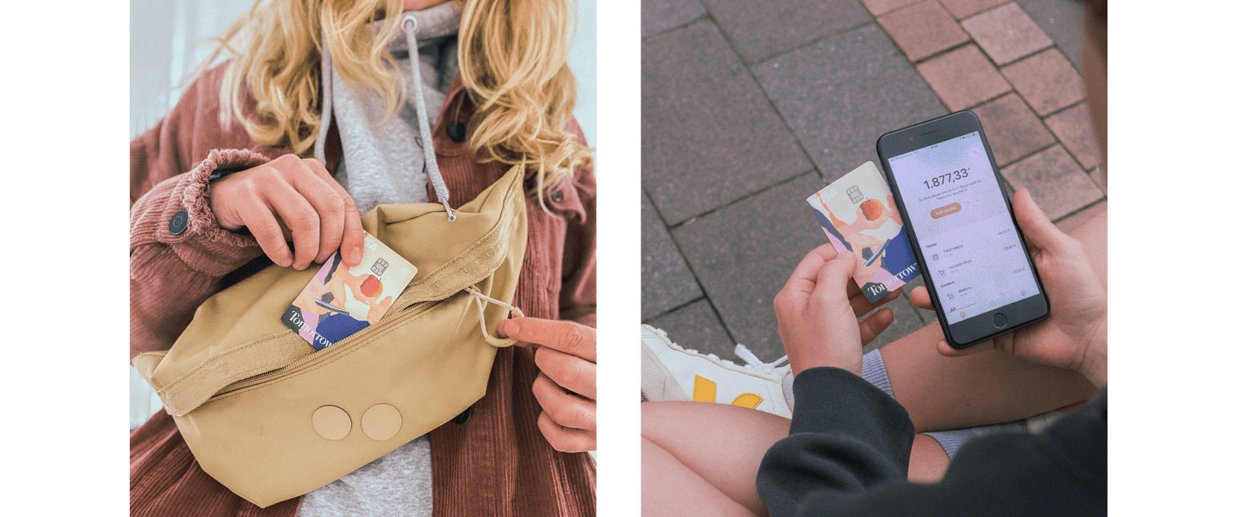 Eine Person steckt eine Bankkarte in eine beigefarbene Tasche. Eine andere Person hält eine Bankkarte und schaut auf ein Telefondisplay, auf die Tomorrow-App.